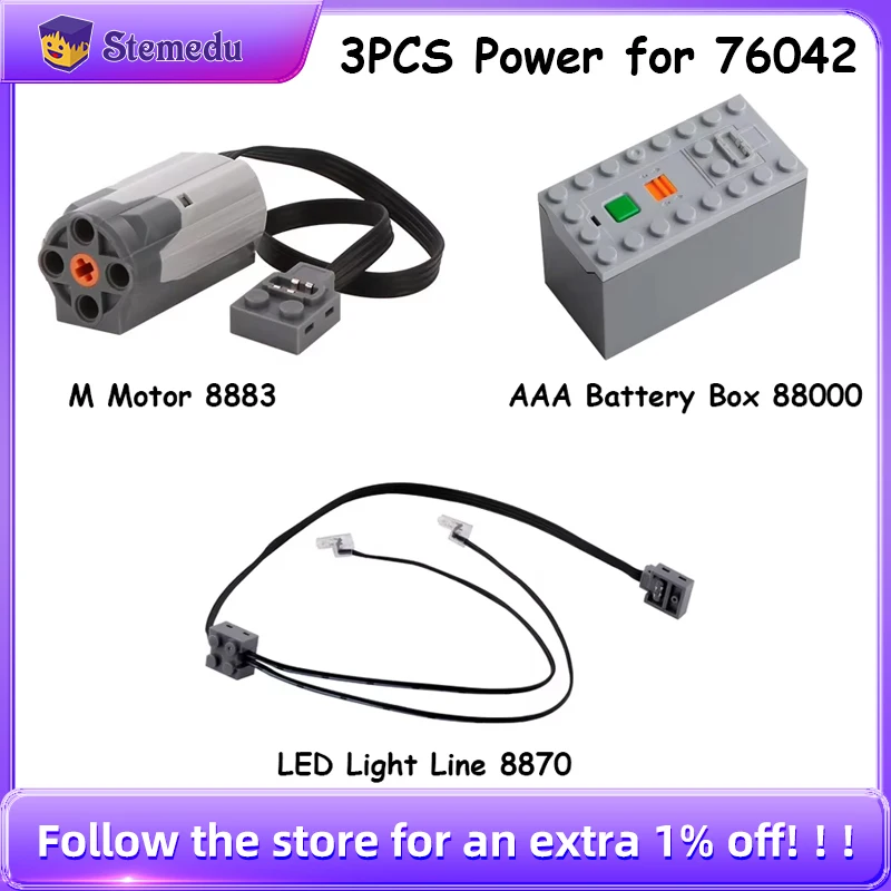 3PCS MOC Power Up สําหรับ 76042 M มอเตอร์ 8883 LED Light Line 8870 กล่องแบตเตอรี่ AAA 88000 ฟังก์ชั่นชุดใช้งานร่วมกับ legoeds