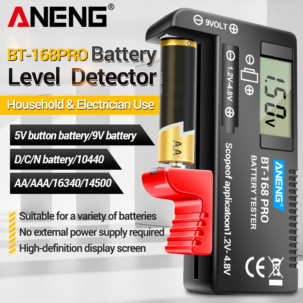Comprobador de Baterías ANENG BT-168 /BT-168D/ BT-168 PRO con Pantalla Digital/Indicador, Comprobador Universal de Voltaje para Pilas AA AAA 9V 1.5V