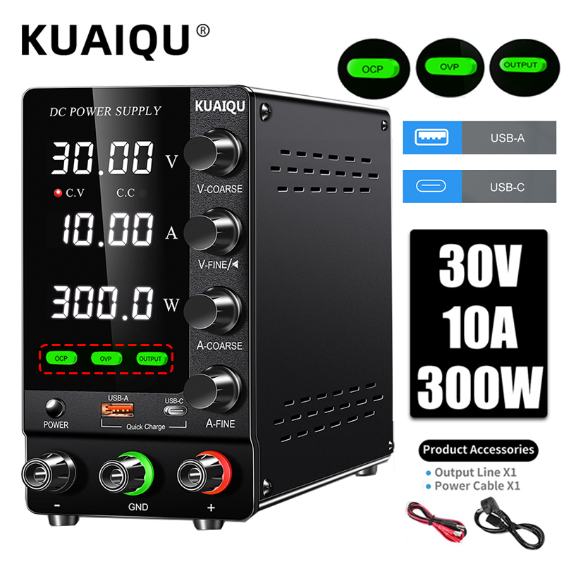 KUAIQU 2024 Il più nuovo OCP OVP DC Alimentatore da laboratorio regolabile 30V 10A 5A Interruttore di uscita USB-A TYPE-C Porta Ricarica rapida 120V