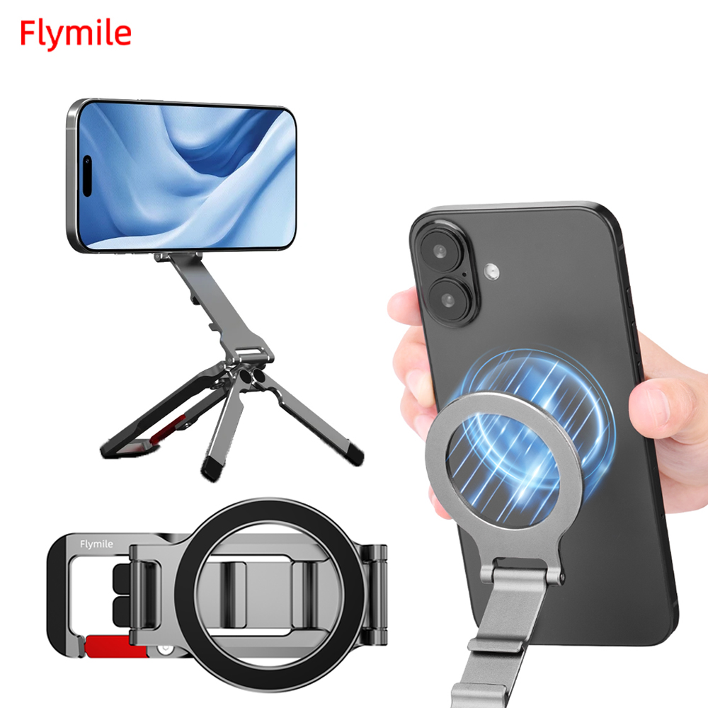 Flymile Supporto per telefono magnetico Treppiede Moschettone montato per iPhone 16 15 Accessori Base da tavolo Maniglia per fotografia Supporto da viaggio