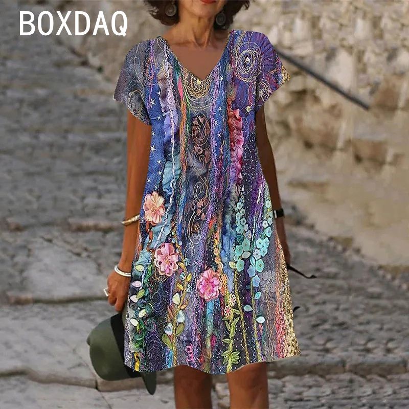 Damska sukienka plażowa z krótkim rękawem i dekoltem w szpic 6XL Duży rozmiar Elegancka gradientowa sukienka w stylu vintage w kwiaty Casualowa sukienka w kształcie litery A Vestidos De Mujer