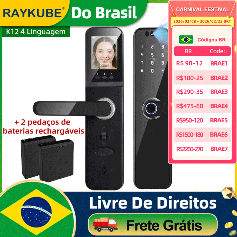 Do Brasil RAYKUBE K12 Tuya WiFi 3D Face Recognition Digital Door Lock With Audio WiFi Camera Video Call APP Unlock 2pcs Battery
