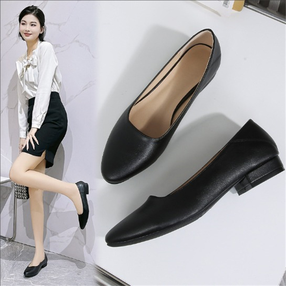 Flight attendant work women's shoes black work short heel shallow mouth soft leather low heel thick heel interview single shoes