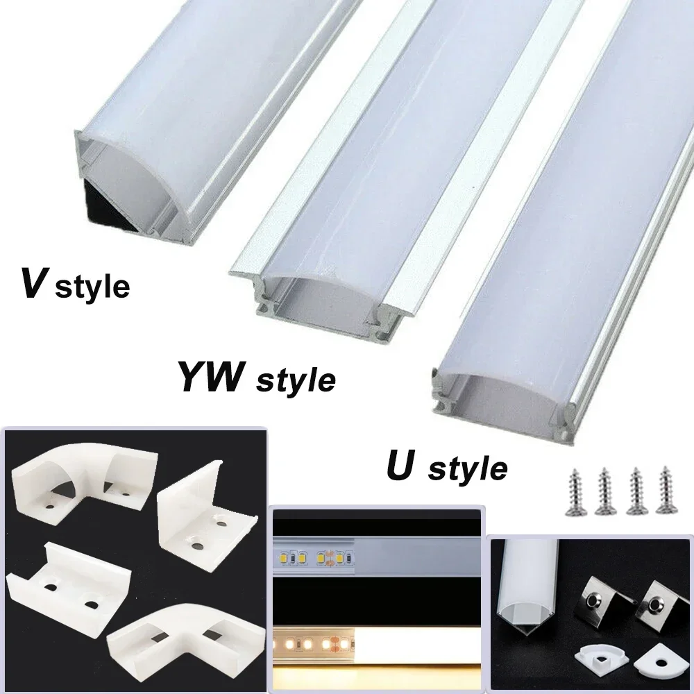 Perfil en forma de estilo U/V/YW, barra de luz LED de aluminio DC12V de 0,5 m, 2-25 Uds., cubierta de soporte de canal DIY para canales de tira de cubierta lechosa