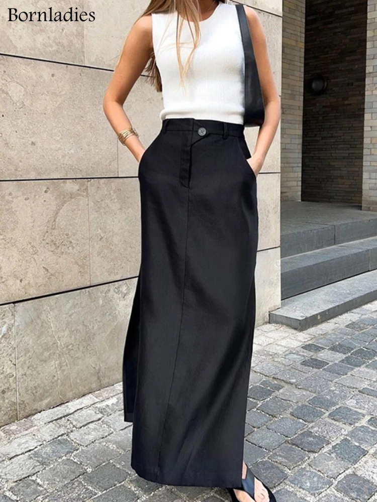 Bornladies 2022 delle donne Vintage Elastico In Vita Bottoni Gonne Estate Femminile Casual Cotone Nero Split Gonne Lunghe