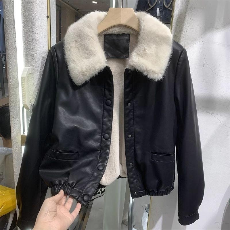 American Sle Fleece Lined PU Leather Jacket Women Thickened Short Coat Autumn Winter New Sle High Sensation Small Size Fu...