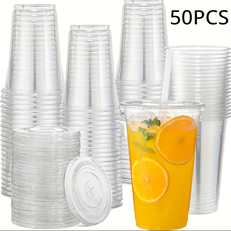 50set 12/16/20OZ cangkir plastik dengan tutup jelas cangkir sekali pakai untuk pesta es kopi Smoothie Milkshake minuman dingin