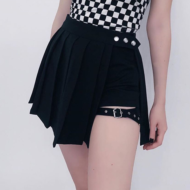Falda gótica sexi para mujer, faldas plisadas de cintura alta Punk negras de verano para niña con pantalones cortos, Cosplay gótico japonés oscuro