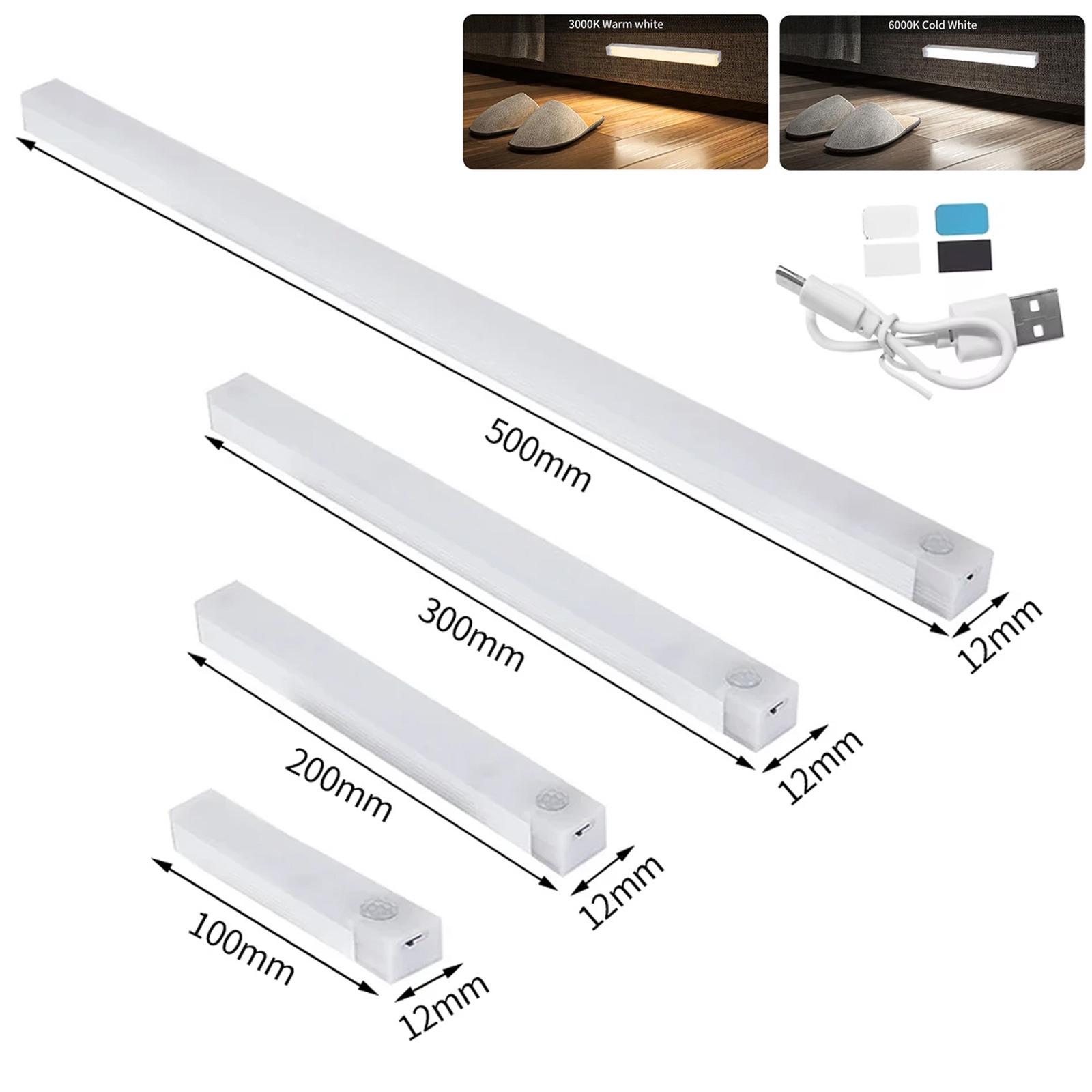 Sensor de movimiento PIR luz de Gabinete LED 10cm / 20cm / 30cm / 50cm USB recargable 3000k / 6000k LED submagnético sensor nocturno LED nocturno