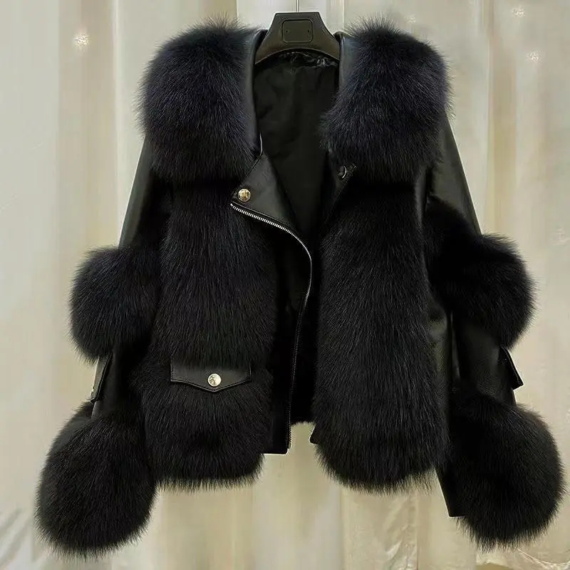 2025 inverno nova moda imitação de pele de raposa curto casaco jovem moda temperamento estilo motocicleta casacos de pele quente feminino parkas