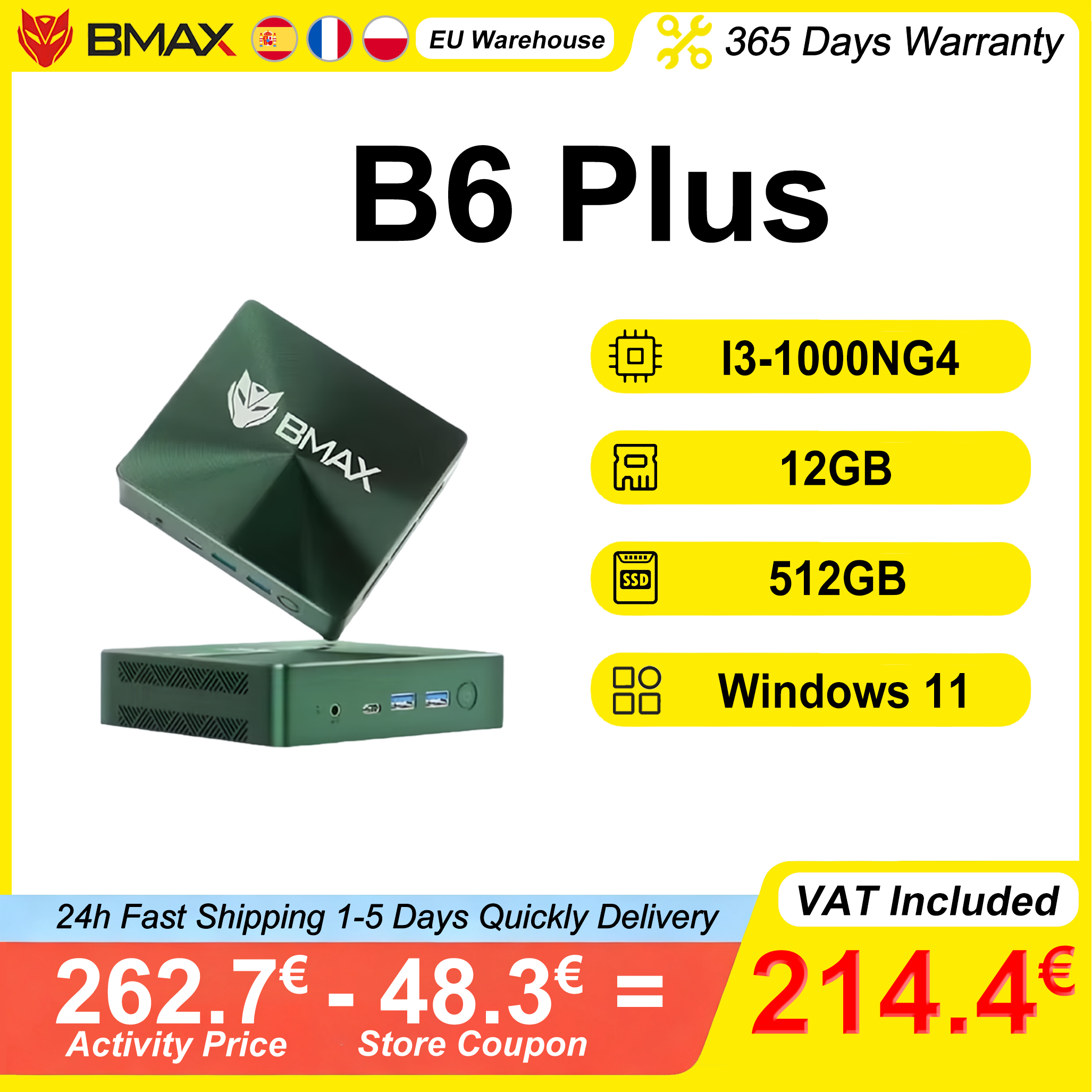 BMAX B6 Plus Mini PC Intel I3 1000NG4 12GB RAM 512GB SSD ROM Windows 11 WiFi USB HDMI Bluetooth 4.2