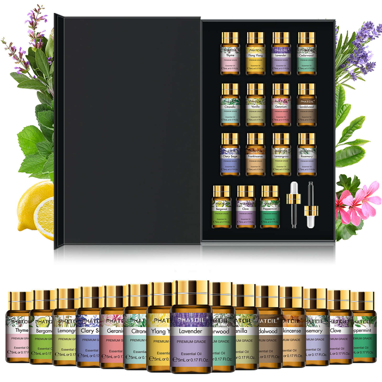 PHATOIL-Juego de aceites esenciales para difusor, humidificador, velas, 5ml, lavanda, vainilla, menta, aceite aromático de romero, 15 Uds.