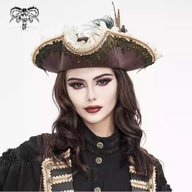 Sombrero de pirata triangular de plumas de pavo real de encaje retro gótico de Halloween