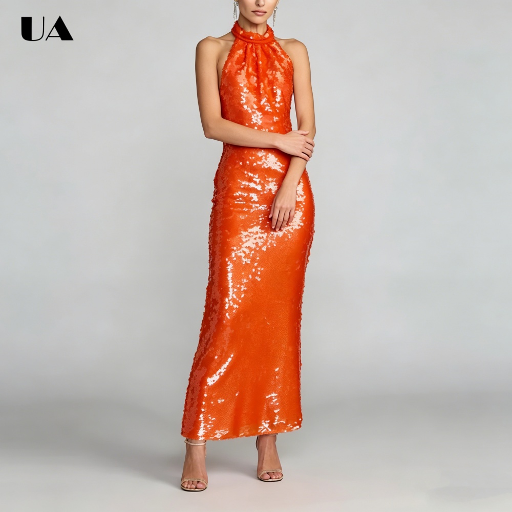 ULBYANRY Gaun Prom Tanpa Punggung Model Sheath Khusus untuk Wanita, Gaun Malam Halter Berpayet Berkilau, Gaun Pesta Tanpa Lengan Seksi