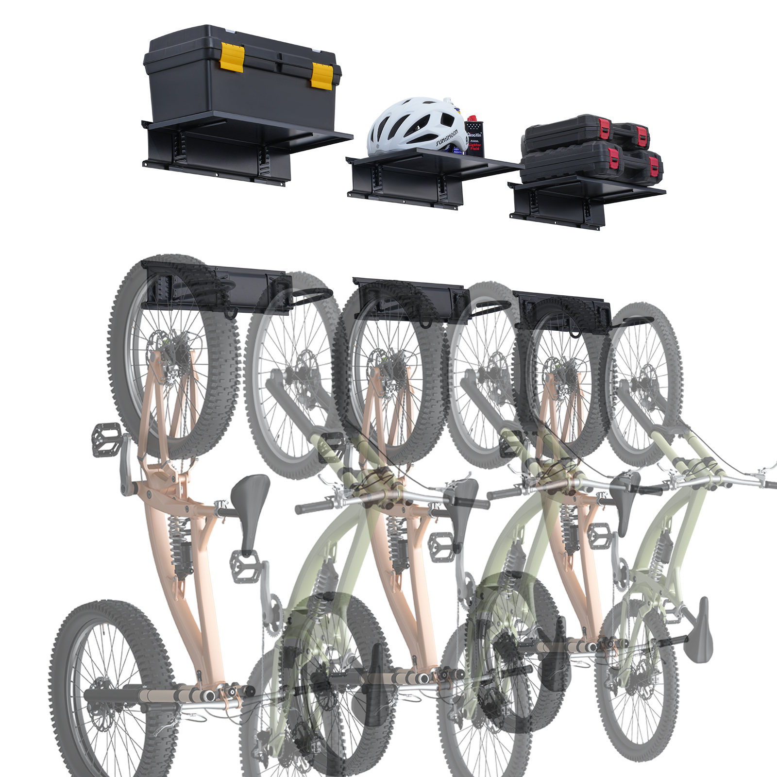 SucceBuy 3 stks Fiets Opbergrek 300 lbs 48-inch Wall Mount Fietsen Opslag Hanger met 3 Planken voor 6 Fietsen Garage Organizer