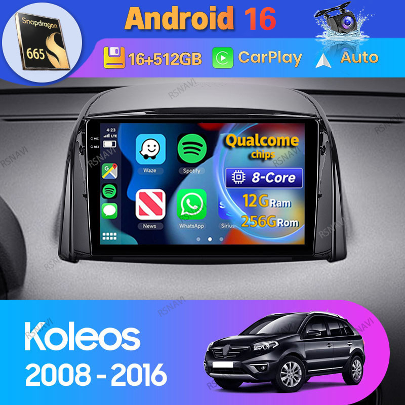 Android 16 Carplay Auto DSP do Renault Koleos 2008 2009 - 2016 Radio Samochodowe Nawigacja DVD Odtwarzacz Wideo 2 Din Stereo Head Unit GPS