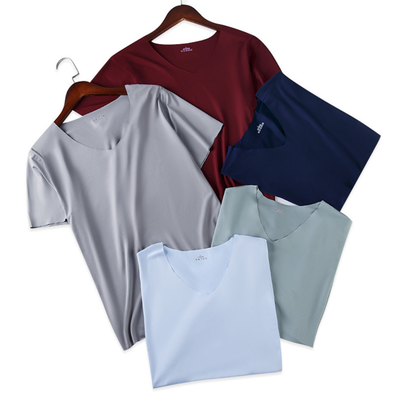 T-shirt da uomo a V in seta ghiaccio, senza cuciture, tinta unita, slim fit, a maniche corte, estivo, sottile, invisibile, senza lasciare tracce, casual per tutti i giorni