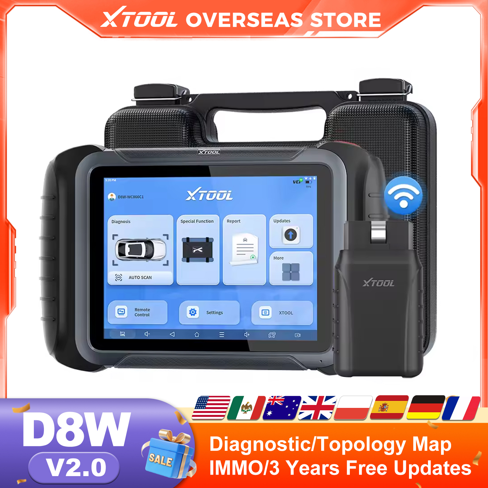 Alat Diagnostik XTOOL D8W BT OBD2, Pengkodean ECU, Pemindai Otomotif Bluetooth, Pemrograman Kunci Terpandu VAG, Peta Topologi dengan 42+ Reset