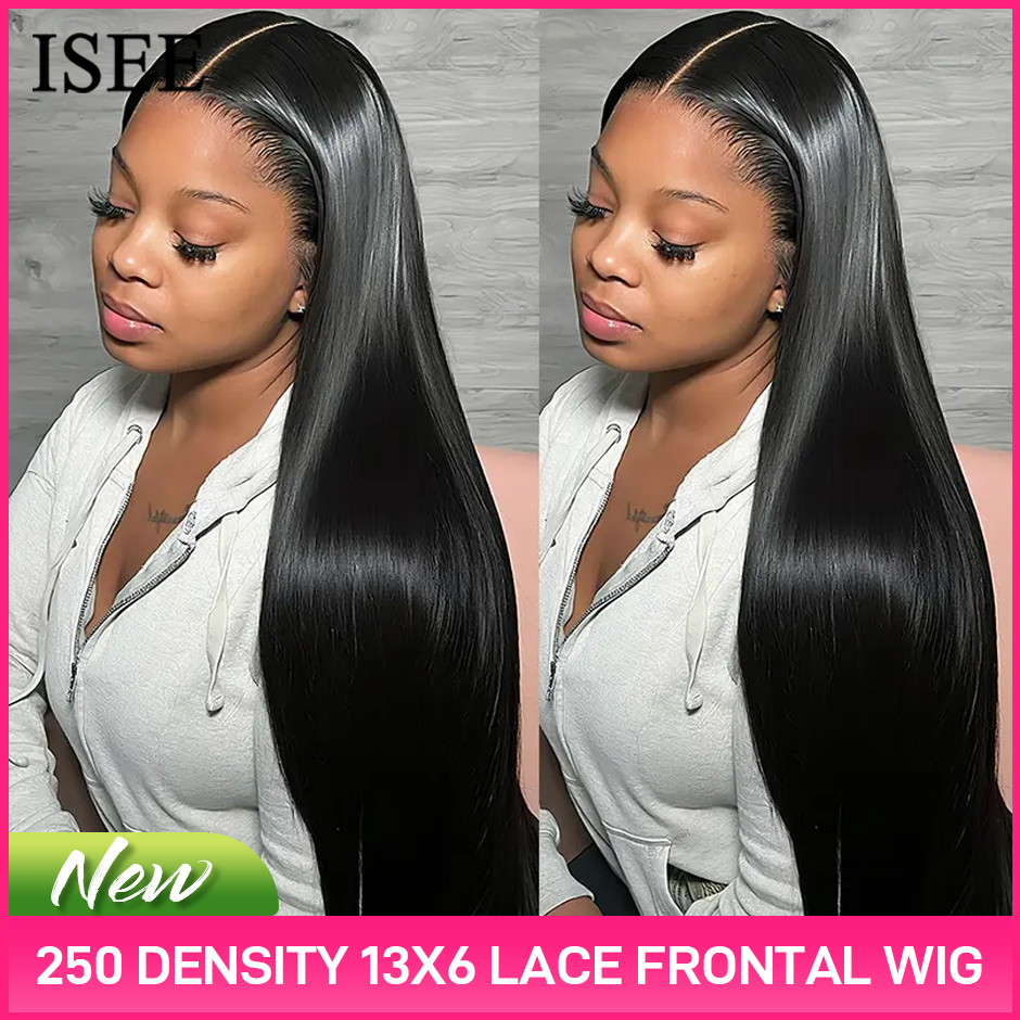 ISEE HAIR 13x6 HD Transparent Lace Front Human Hair Wigs 250 Density Pre-Plucked Malaysian Straight Lace Frontal Wig with Band