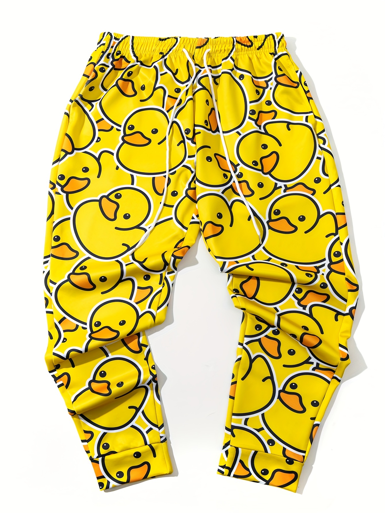 Herenjoggingbroek 2025, gele eend grafische polyester joggingbroek, slim fit casual loungebroek met zakken, lente herfst streetwear