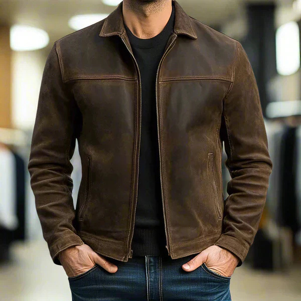 Jaket Kasual Pria Warna Hijau Tua Bahan Suede, Ritsleting, Kerah Turun, Slim Fit, Pakaian Luar Bisnis untuk Musim Gugur dan Semi