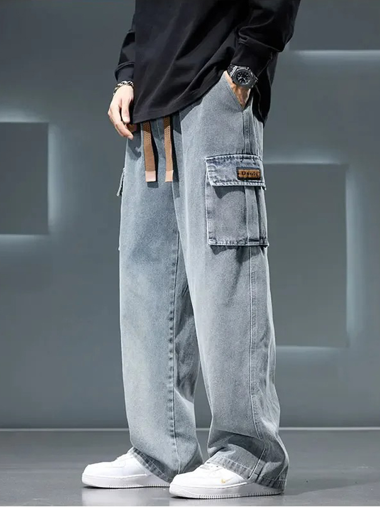 8XL jean nouveau pantalon de lavage à jambes larges hommes pantalon neutre couleur unie ample décontracté mode coréenne poche grande taille Cargo pantalon