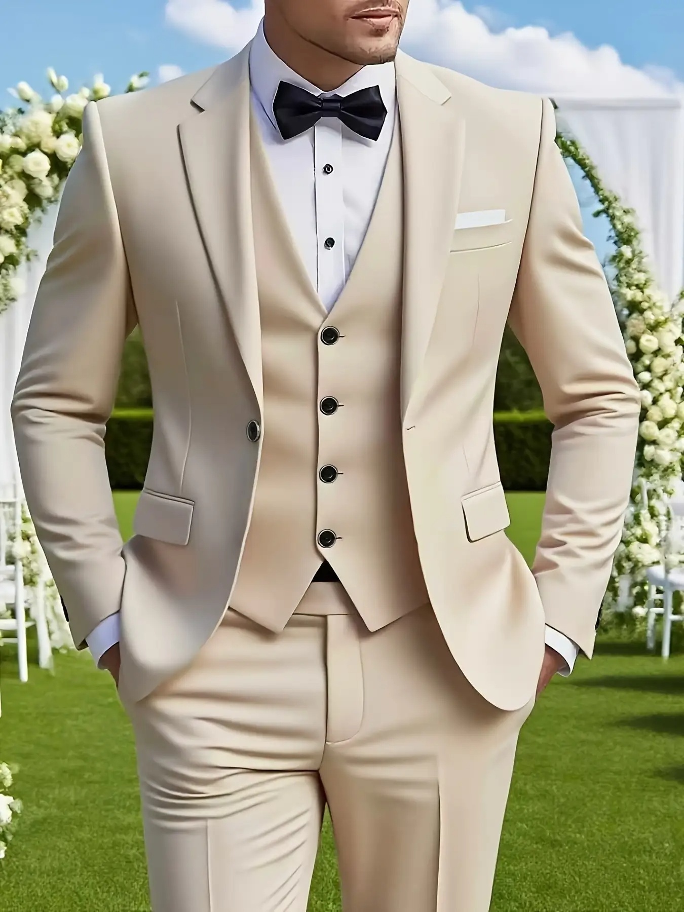 Moderner Slim-Fit Herrenanzug Set Einfarbig Einreihig 3-Teilig Blazer Weste Hose Elegant für Hochzeit Büro und Feiern