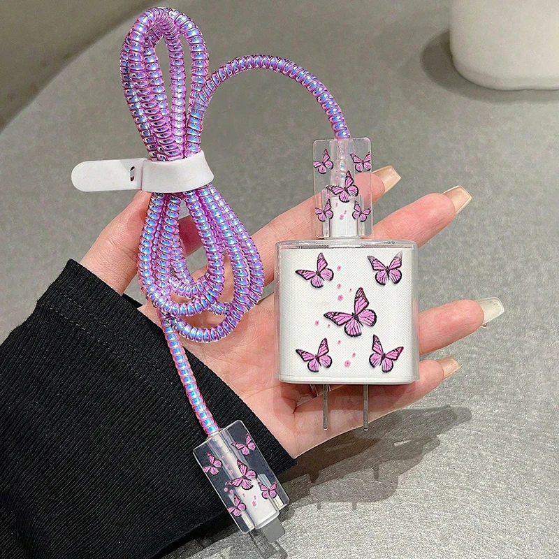 Cable Charger ProtectorสําหรับIPhone 15 14 13 16 20W Chargerป้องกันผีเสื้อสไตล์สายไฟWinderเกลียวป้องกัน