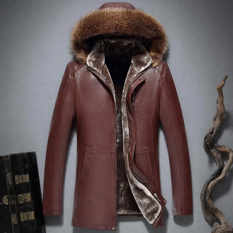 Jaket kulit asli pria, mantel panjang menengah kerah bulu rakun bertudung Musim Dingin untuk lelaki
