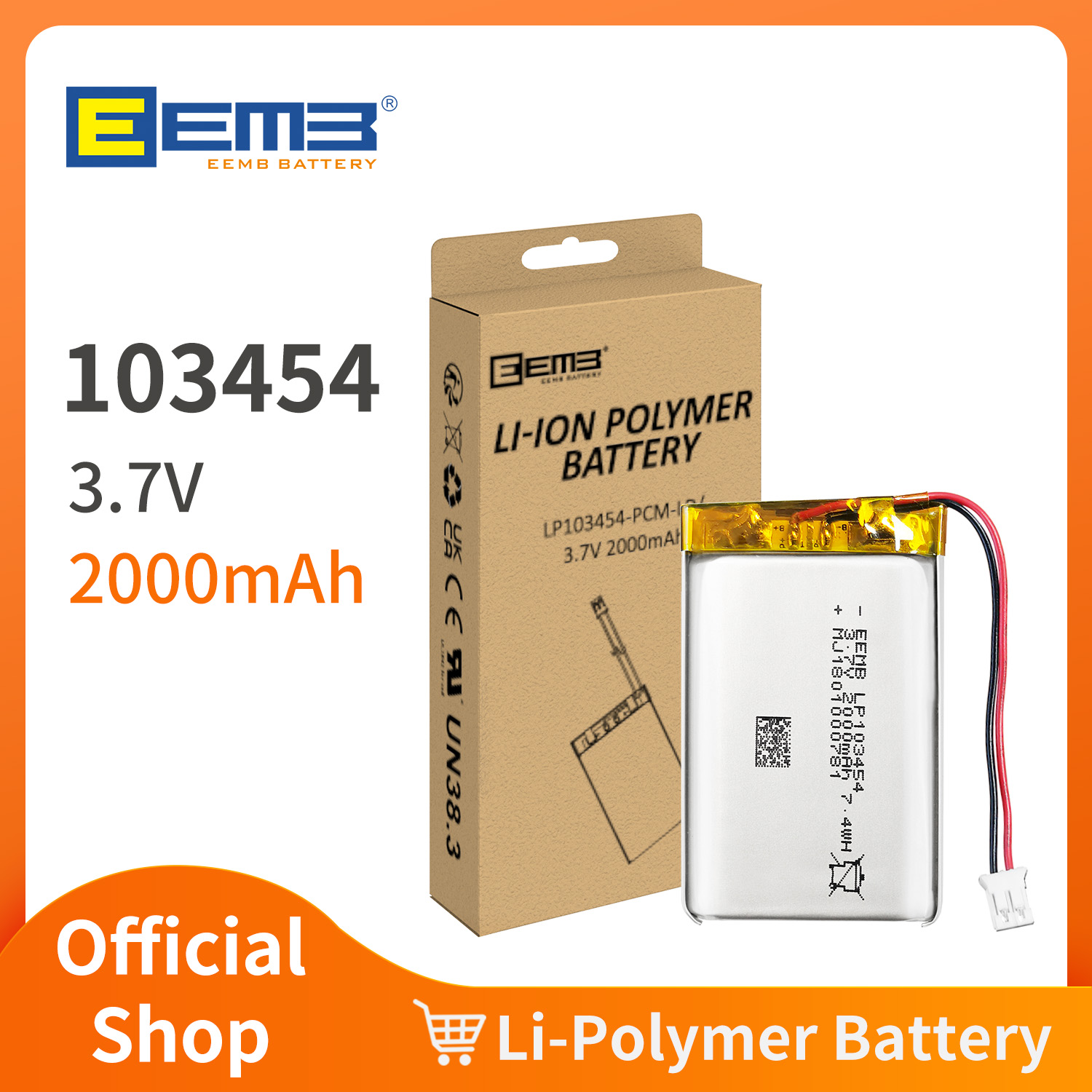 EEMB LP103454 3.7V 2000mAh Li-Polymer Rechargeable Battery with JST-PHR Connector for Camera GPS Tablet Bluetooth Speaker DIY