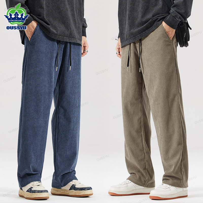 Oussyu Marke Herbst Winter Herren Streifen Cord hose elastische Taille Kordel zug gerade dick im Freien lose Freizeit hose