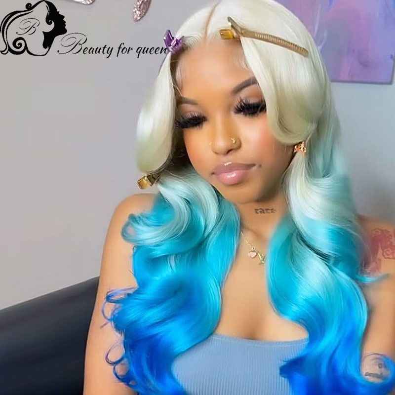 Косплей-парик Ombre 60 Blue Body Wave из бразильских окрашенных человеческих волос, прозрачный, 13x4 HD, с кружевной передней частью, для женщин, готовый к носке