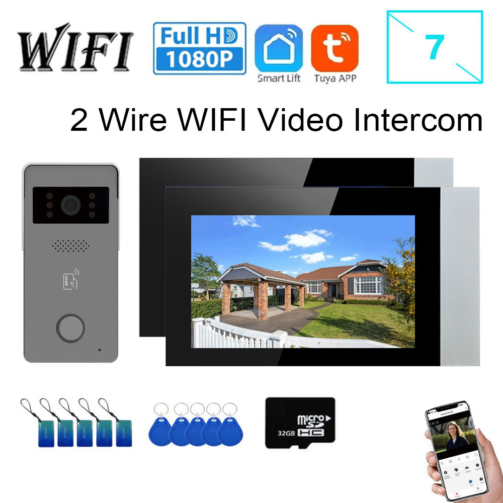 Nuevo videoportero de 2 cables, videoportero para hogar inteligente, Tuya, Wifi, 1080P, 2 uds., 7 pulgadas, pantalla táctil a Color, timbre, sistema de seguridad de puertas