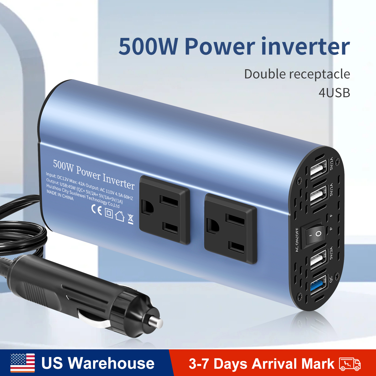 Inverter portabel frekuensi modifikasi, Inverter portabel adaptor mobil, Inverter frekuensi ganda 4USB 500W DC12V ke AC110V