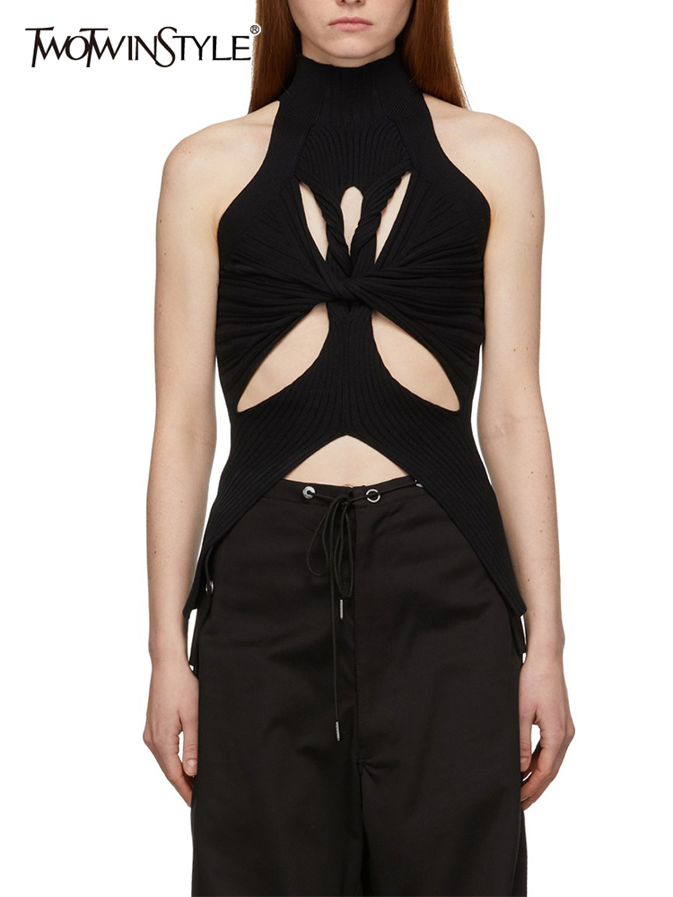 TWOTWINSTYLE, camisetas sin mangas de punto caladas lisas para mujer, cuello alto, sin mangas, con hombros descubiertos, chalecos ajustados, ropa de moda femenina
