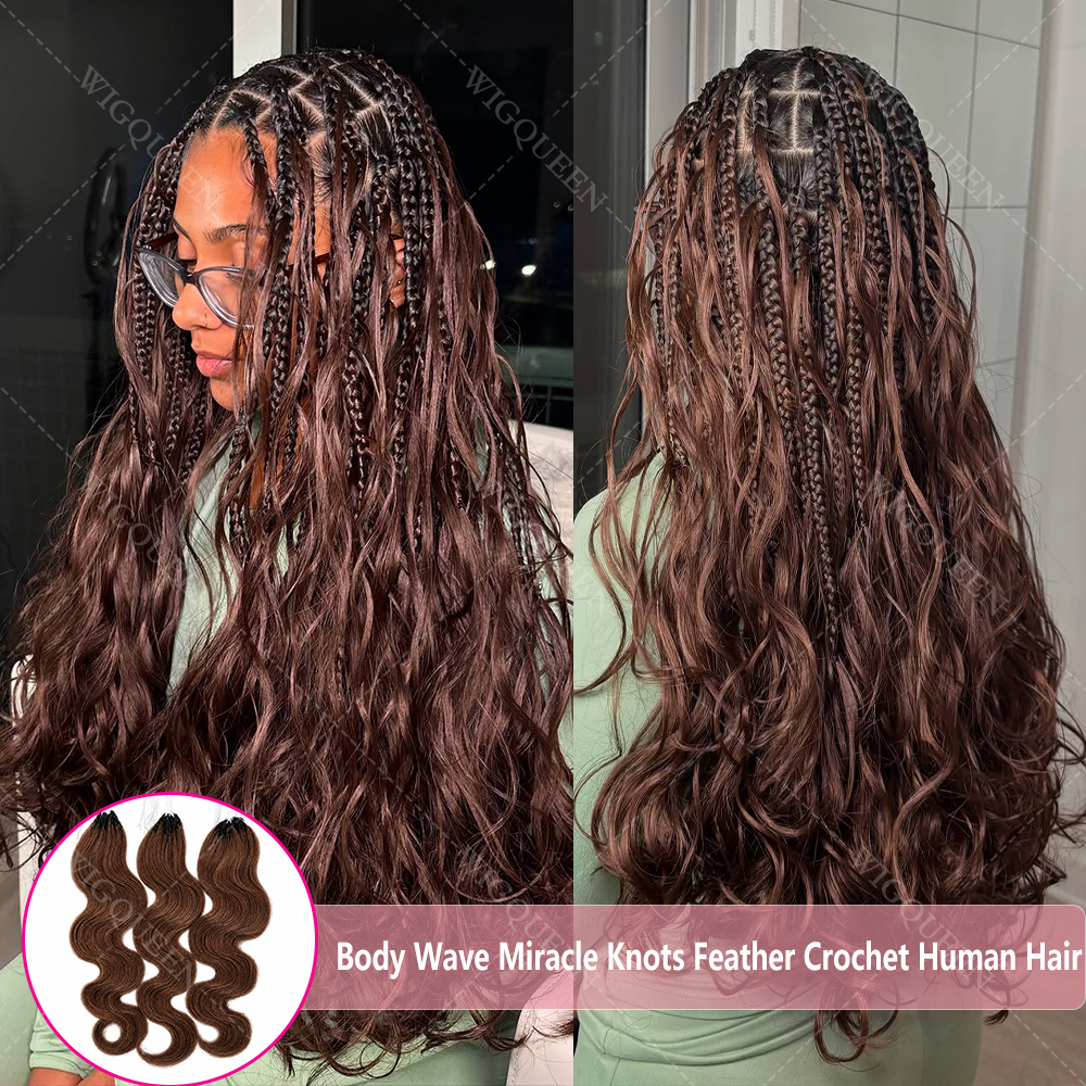 15A Unprocessed Pre-divided #4 Chocolate Brown Body Wave Crochet Human Hair Miracle Knots Knotless Pre-Separated Braid Virgin Human Hair With String Pre-Looped Reusable Feather Bundles Human Hair Extensions For Boho Braids Honey Blonde/atural Black Color