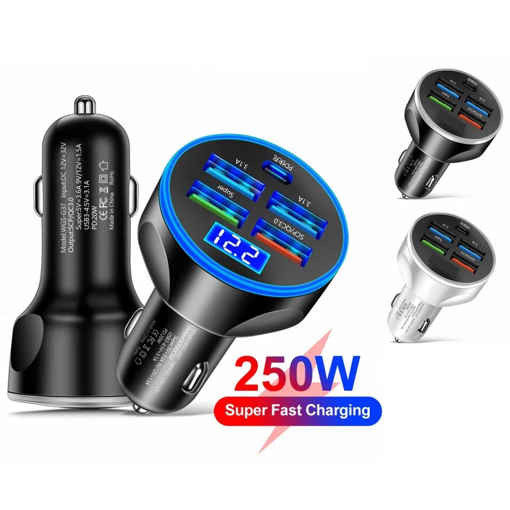 Cargador de teléfono para coche de 250W, 6 puertos de carga rápida PD QC3.0 USB C, adaptador tipo C para iPhone 15, Samsung, Huawei