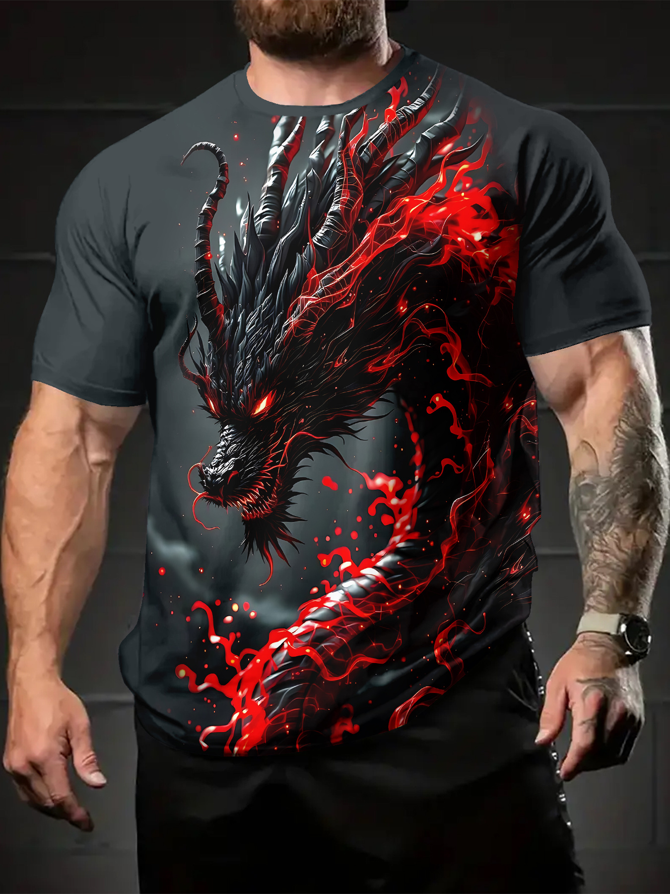 T-shirt Oversize con Stampa 3D di Dragone Nero e Rosso, Moda Streetwear 2026