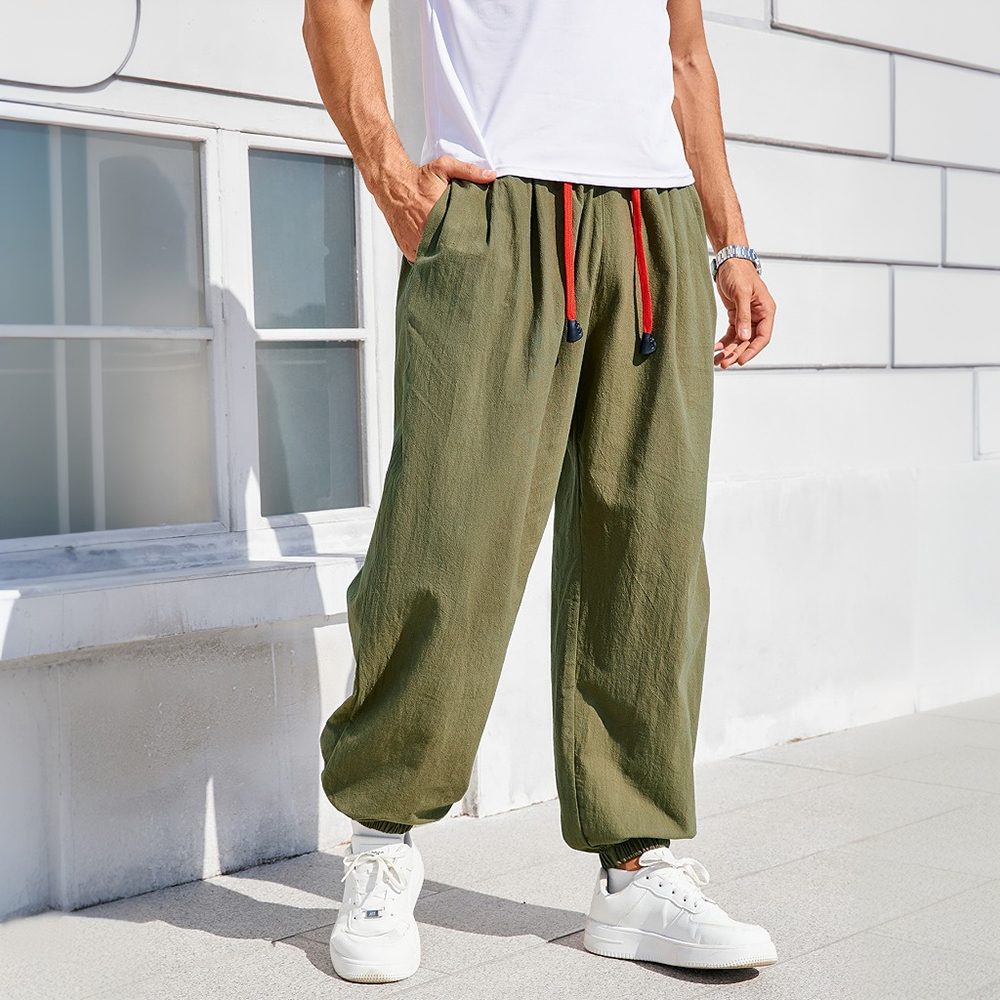 Men's Harem Pants Loose Fit Chinese Style Cotton Linen Solid Color Cozy Sweatpants Joggers High Quality Male Casual Trousers