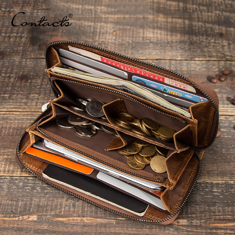 Cartera RFID para hombre de CONTACT'S, carteras de mano de cuero genuino, monedero largo informal para hombre con bolsillo para teléfono, bolsa con tarjetero de gran capacidad