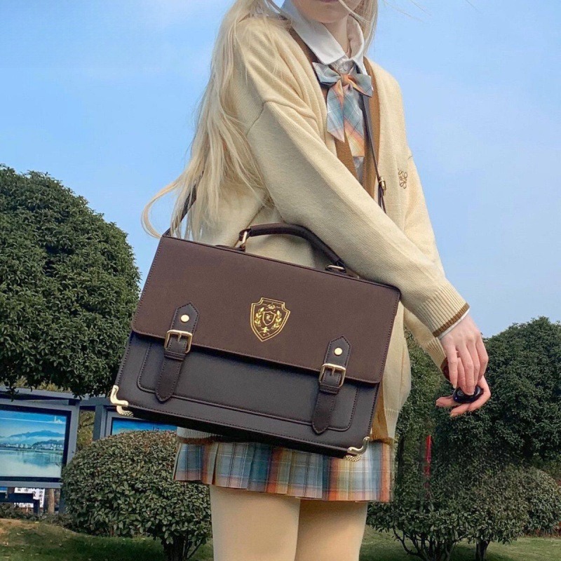 Tas selempang wanita gaya retro untuk mahasiswa, tas jinjing satu bahu, tas seragam universitas Jingchuan, model jk, dengan tempat lencana.
