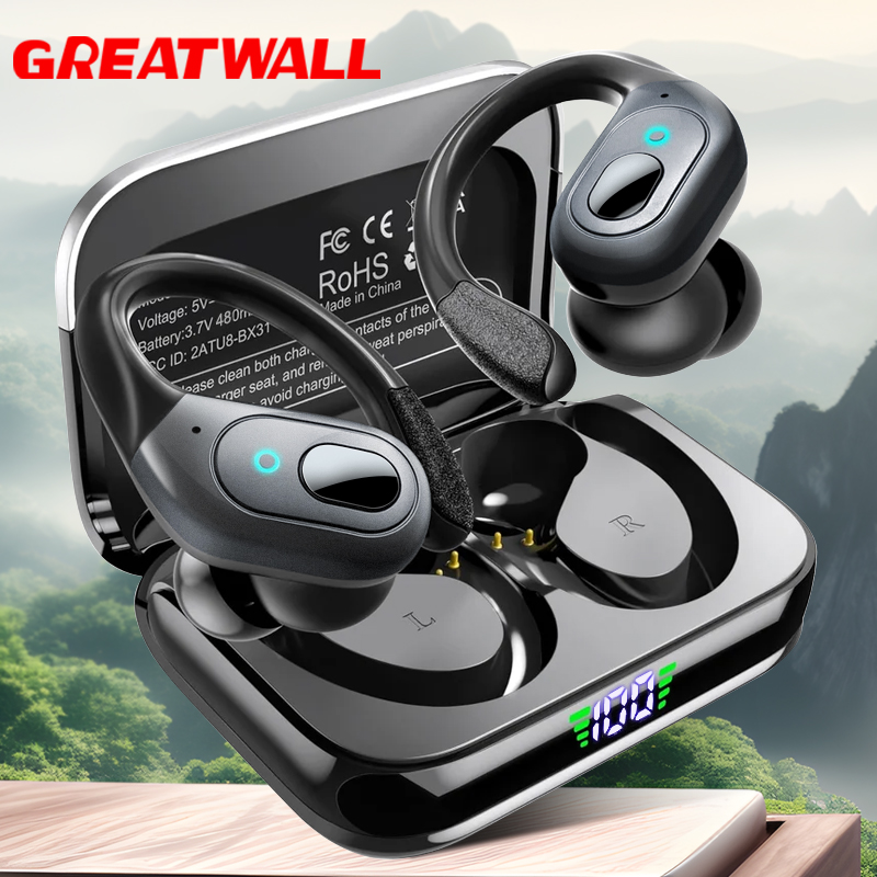 GREATWALL Headset earphone Bluetooth nirkabel TWS, Headset nirkabel 5.3 olahraga kait telinga Stereo pengurang kebisingan panggilan HD