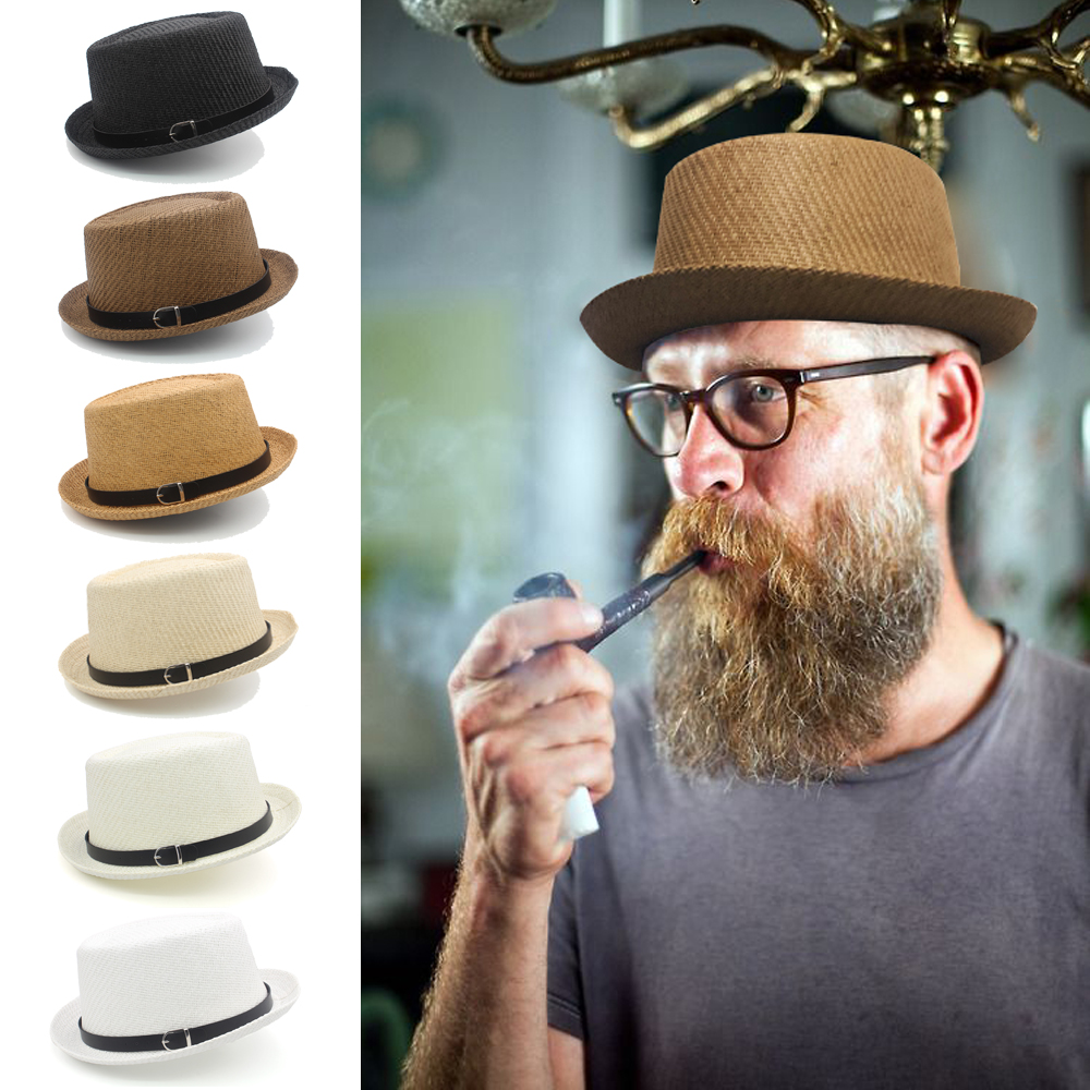 Uomo Donna Cappelli classici in paglia con torta di maiale Fedora Cappelli da sole Cappellini Trilby Estate Nautica Spiaggia Viaggi all'aperto Festa Taglia US 7 1/4 UK L