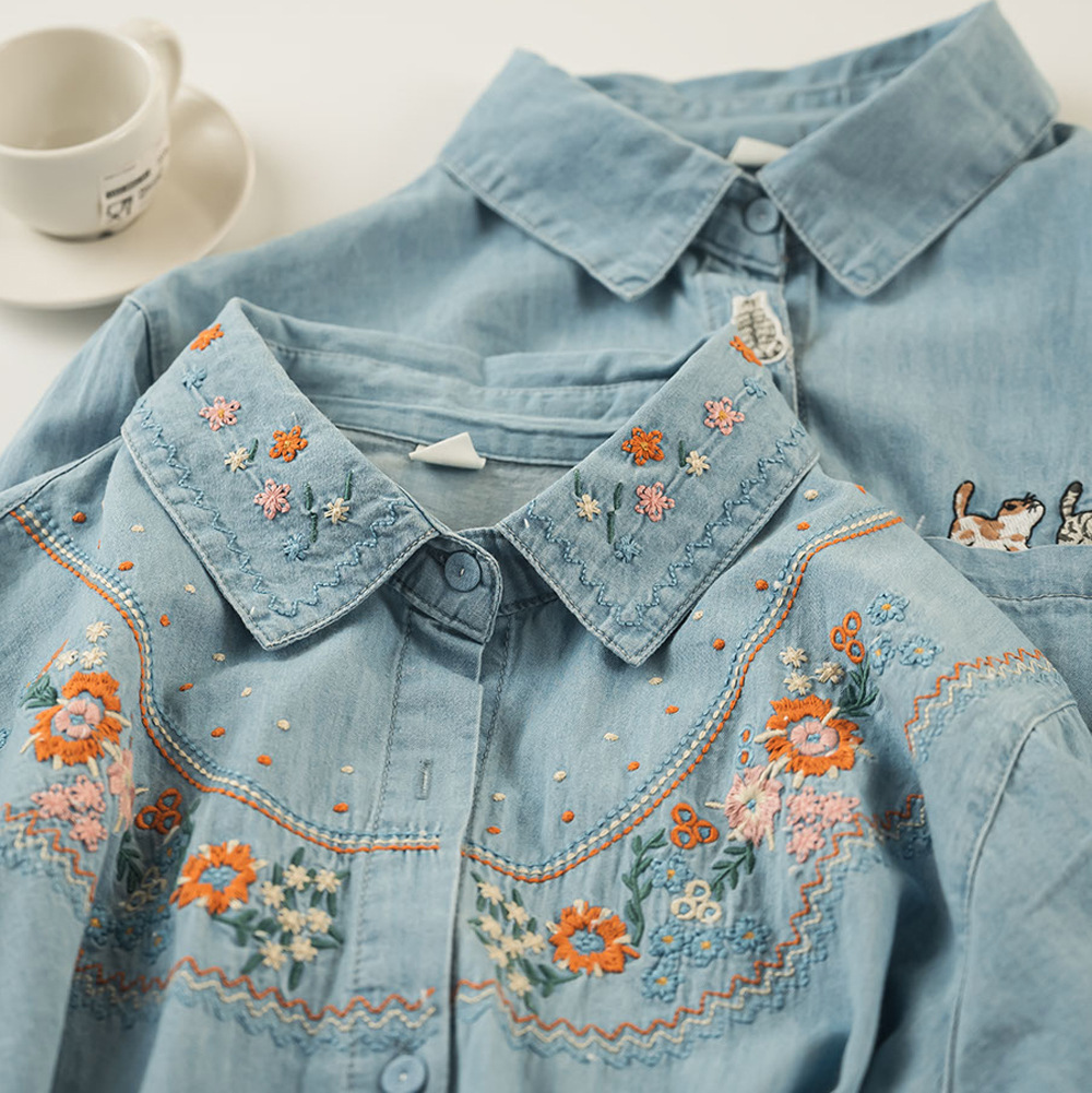 Camicette primaverili in denim di cotone moda Harajuku 2025 camicie ricamate da donna a maniche lunghe graziose camicette camicie jeans da donna