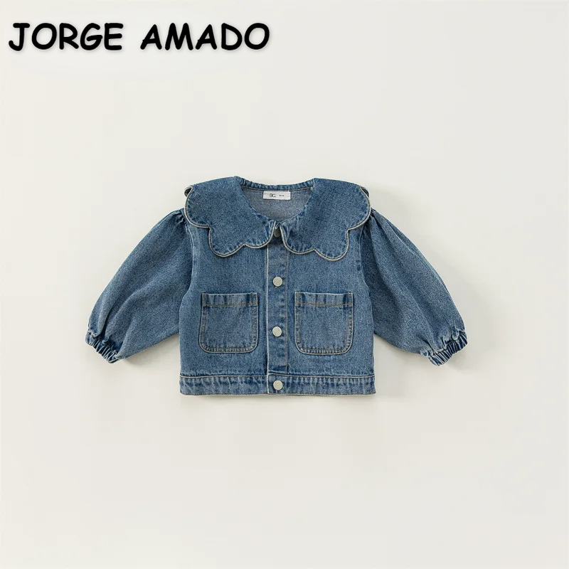 Abrigo de mezclilla de estilo coreano para niños y niñas, prendas de vestir exteriores de manga larga con cuello de volantes, ropa versátil de moda, primavera y otoño, E82075