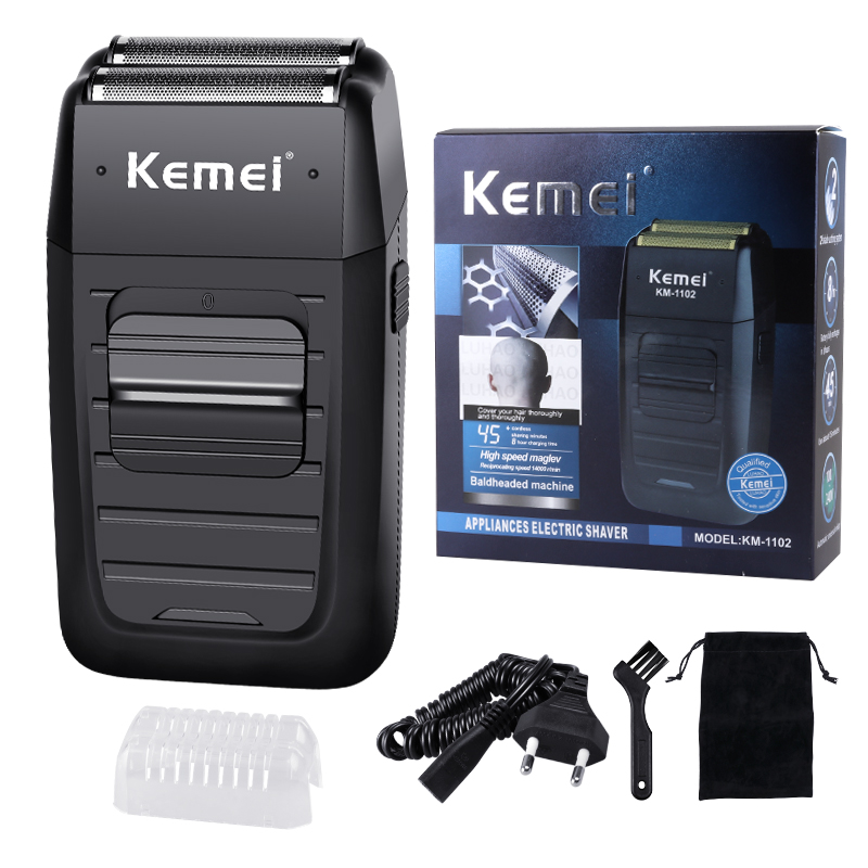 Kemei-1102 Barbeador sem fio recarregável para homens, lâmina gêmea, navalha de barba alternativa, cuidado facial, aparador forte multifunções