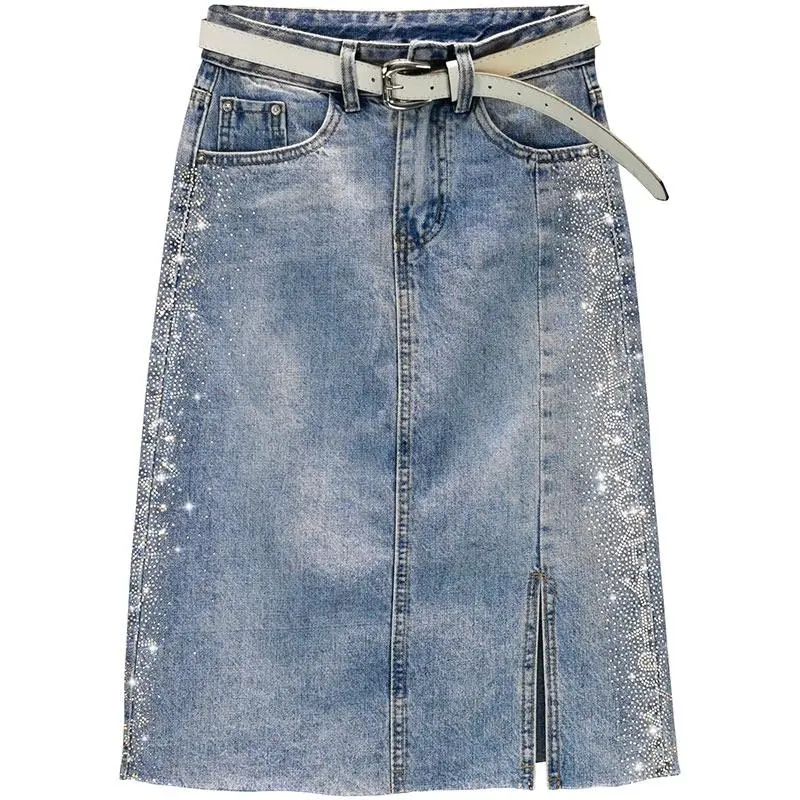 Nieuwe Diamant Inlay Split Vintage Casual Denim Rok Vrouw 2024 Zomer Trend Mode Hoge Taille Slanke Wikkel Heup Halve Rok Dames