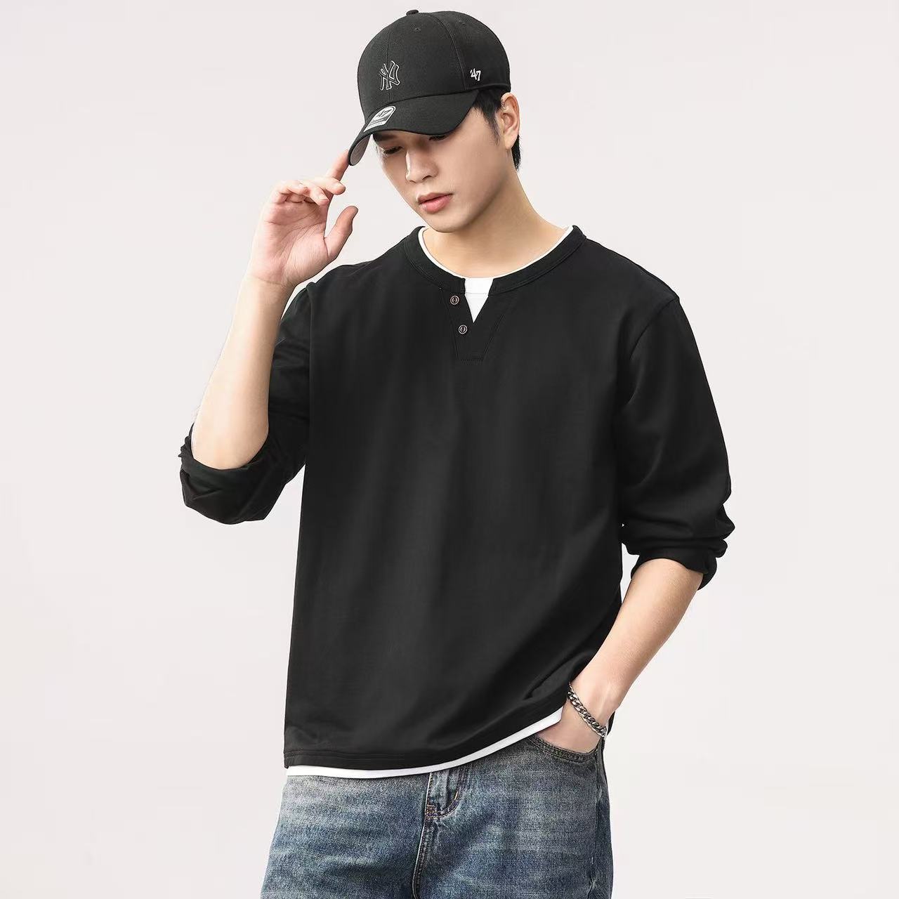 Männer Neue Taste Henley Kragen Hemd Langarm Casual Einfarbig T-shirt Mode Waffel Nachahmung Baumwolle Gefälschte Zwei Stück T-shi