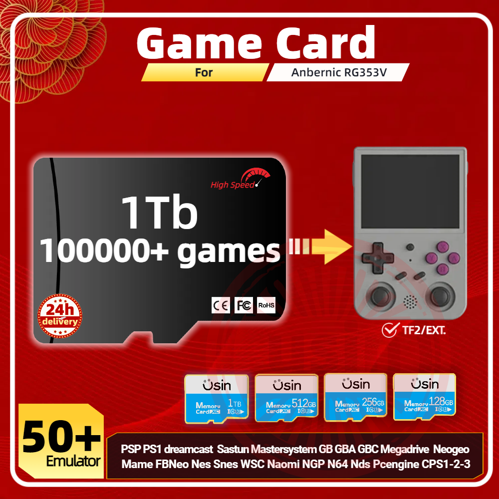Karta do gier Anbernic RG353V RG353VS, pamięć TF Plug&Play, wstępnie zainstalowane gry retro, PSP, PS1, przenośna karta SD o wysokiej prędkości, 1TB, 512GB