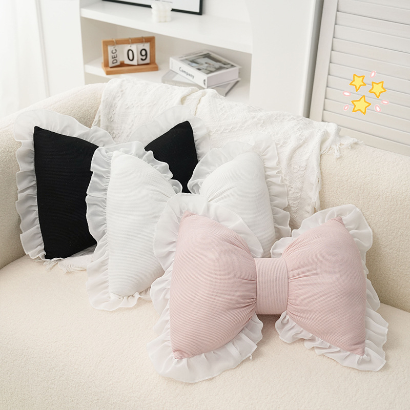 Almohada de sofá sencilla y moderna, cojín para mesita de noche para sala de estar, bonito lazo en la espalda, borde de encaje, almohadilla cómoda y transpirable